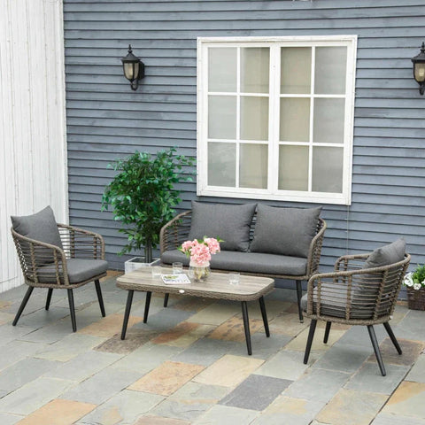Rootz Garden Furniture - 4-piece Seating Group - Garden Set - Sofa Set - Double Sofa - Armchair - Coffee Table - Polyrattan - Grey - 135 x 67 x 76 cm
