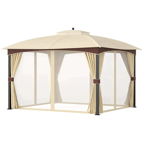 Rootz Gazebo - Garden Pavilion - Garden Tent - Marquee Party Tent With 4 X Side Walls Mosquito Net - Breathable - Double Roof - Metal - Polyester - Khaki + Brown - 3.95L x 3.28W x 3.33H w
