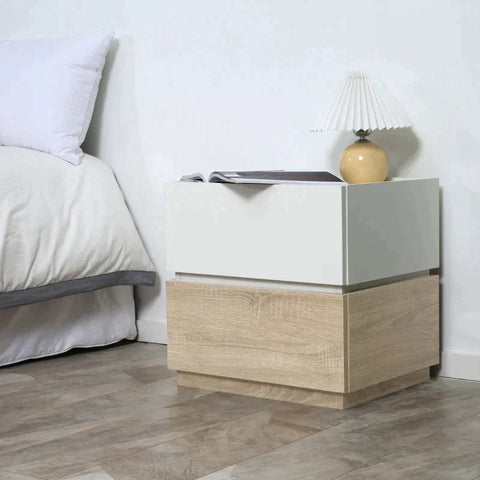 Rootz Bedside Table - Coffee Table With Drawer - White + Natural - 50 cm x 4 cm x 47.5 cm