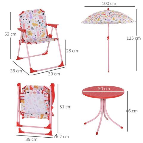 Rootz Children's Seating Group - Garden Table - Folding Chairs - With Parasol - Metal - Red