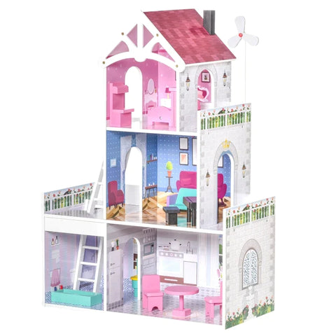 Rootz Wooden Dollhouse - Kids Dollhouse - Dreamhouse Villa - With Furniture Accessories - Pink - 60 x 29 x 85 cm