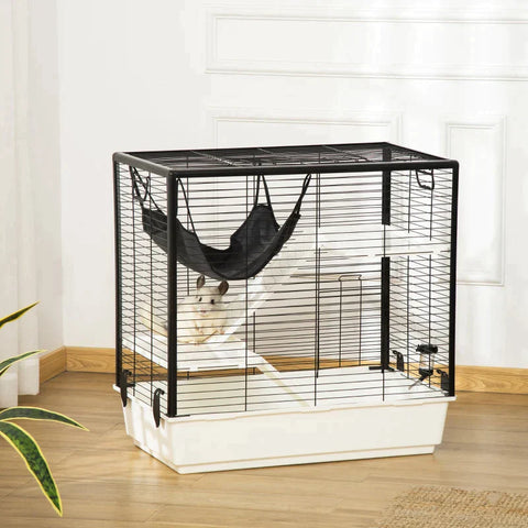 Rootz Small Animal Cage - Small Animal Enclosure Rodent Cage Animal Cage - Cage - Outdoor Enclosure -with Ramp And Hammock - Steel/Aluminum/Plastic - Black/White/Gray - 80 x 48 x 78 cm