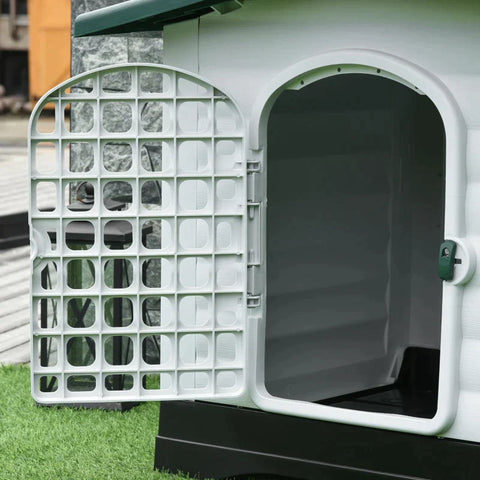 Rootz hondenkennel - hondenhok - hondenaccessoires - dierbenodigdheden met dak - luikpoort - schuilplaats voor middelgrote honden - luchtcirculatie - groen/zwart/wit - 111 x 84 x 80 cm