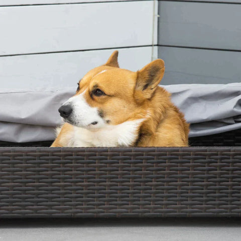 Rootz Rotan Hondenkennel - Rotan Hondenhok - Met Dak - Hondenligstoel - Hondenhok - Huisdierbed - Hondenbed - Hondenmand - Hondensofa Hond - Koffie/Grijs - 90 x 60 x 65 cm