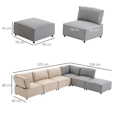 Rootz 6 Pcs. Sofa Set - Corner Bench - Corner Couch With Sleeping Function - Gray + Beige - 325cm x 83cm x 80cm