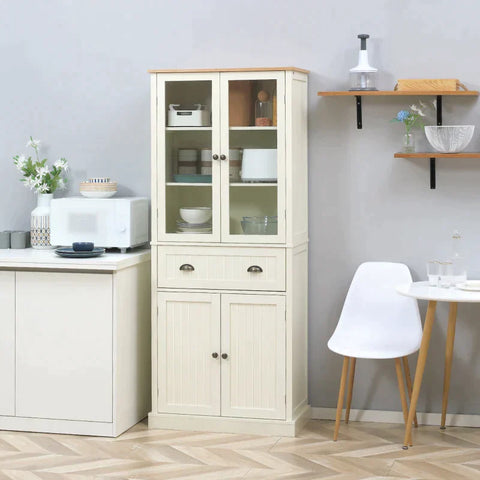 Rootz Kitchen Cabinet - Freestanding Kitchen Cupboard - 5-tier Storage Cabinet - 2 Cabinets - 2 Drawers - 2 Glass Doors With Window Bars - Creamy White - 76 cm x 40 cm x 182.5 cm