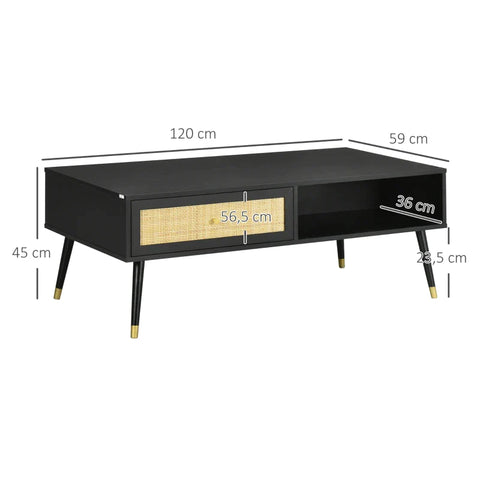Rootz Coffee Table - Boho Design - 1 Drawer - 2 Compartments - Living Room Table - Rattan Element - Black + Natural - 120L x 59W x 45H cm