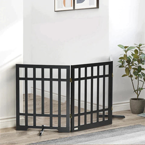 Rootz Barrier Gate - Wooden Door Gate - 3 Panel Folding Pet Barrier - Pine Wood - Black - 181cm x 35cm x 76cm