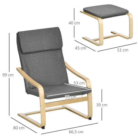 Rootz Armchair with Footstool - Armchair Set - Relaxation chair - Linen Look - Solid Wood - Gray + Natural - 66.5W x 80D x 99H cm