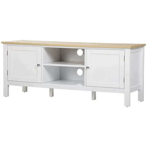 Rootz TV Bench - TV Dresser - Two Cupboard Compartments With Doors - 2 Open Compartments - White + Nature - 120 x 35 x 48cm