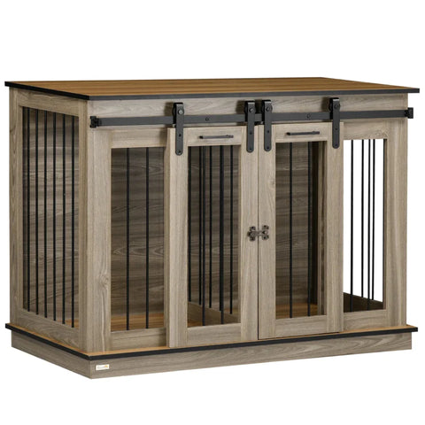 Rootz Dog Cages - 2 Door Dog - Crate Transport Box - All Included - Two-room - Rustic Design - Lockable - Steel Chipboard - Oak - 120L x 60W x 88.5H cm