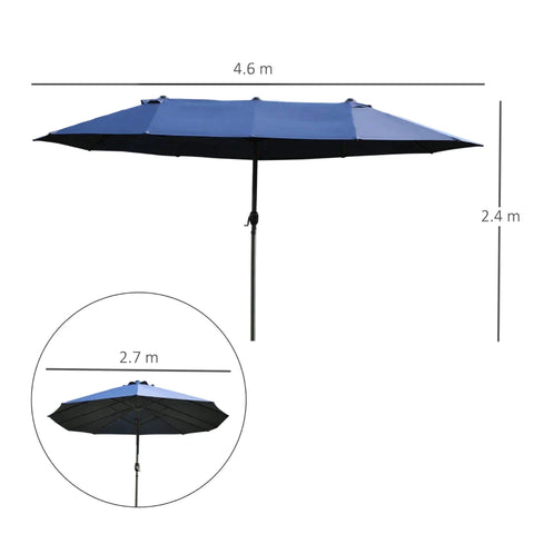 Rootz Parasol - Double Parasol - Garden Parasol - Market Parasol - Patio Parasol With Hand Crank - Blue - 460 x 270 x 240 cm