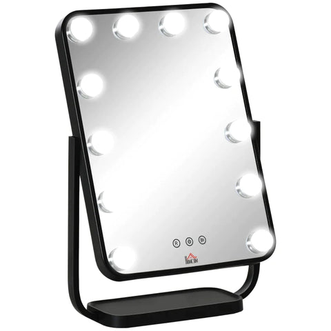 Rootz Makeup Mirror - Hollywood Makeup Mirror - With 12 LED Lights - Metal - Black - 32.8L x 11W x 47.4H cm