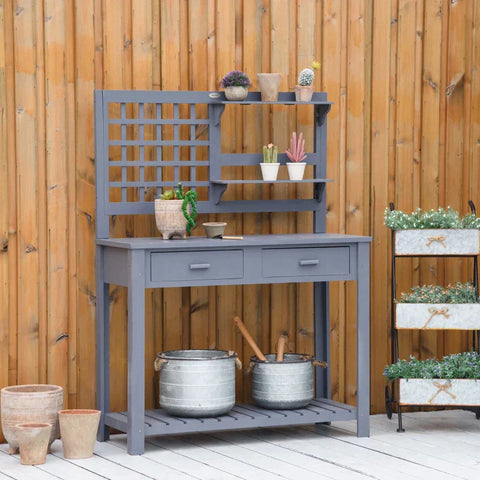 Rootz Plantentafel - Tuintafel - Gemaakt Van Hout Met 2 Laden Planken - Houten Plantentafel Voor Tuinterras - Grijs - 105 x 42 x 141,5 cm