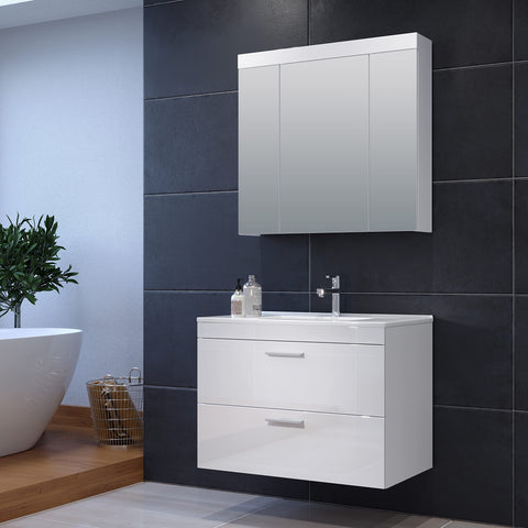 Rootz Modern Bathroom Mirror Cabinet - Stylish Storage Solution - Sleek White High Gloss Finish - Ample Space - 80 x 75 x 16 cm