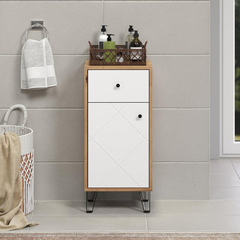 Rootz Badkamerdressoir - Opbergkast - Badorganizer - Scandinavisch Design - Wit Mat met Ambachtelijk Eiken - 36x79x29 cm