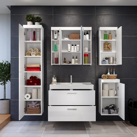 Rootz Modern Bathroom Mirror Cabinet - Stylish Storage Solution - Sleek White High Gloss Finish - Ample Space - 80 x 75 x 16 cm