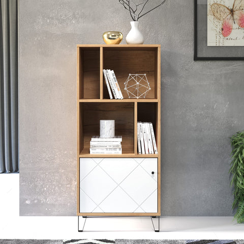 Rootz Living Room Shelving Unit - Display Stand - Storage Rack - Bookshelf - Decor Holder - Organizer Tower - Furniture Piece - Artisan Oak/White - 63 x 136 x 40 cm