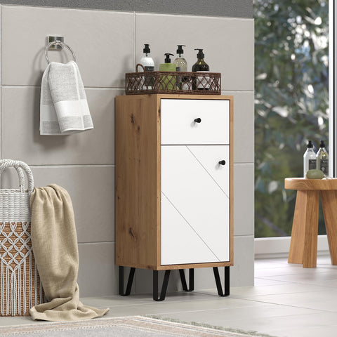 Rootz Badkamerdressoir - Opbergkast - Badorganizer - Scandinavisch Design - Wit Mat met Ambachtelijk Eiken - 36x79x29 cm