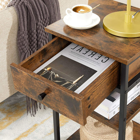 Rootz Bedside table - Side table - Drawer - 2 Shelves - 35 x 35 x 70 cm - Processed Wood - Metal - Industrial - Brown - Black