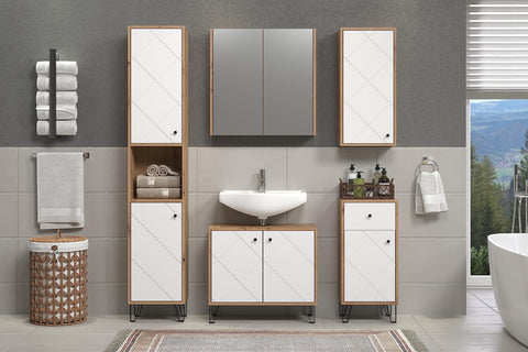 Rootz Badkamerdressoir - Opbergkast - Badorganizer - Scandinavisch Design - Wit Mat met Ambachtelijk Eiken - 36x79x29 cm