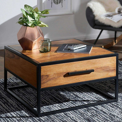 Rootz Industriële Salontafel - Bijzettafel - Massief Hout - Bruin - Luxe Retro Vintage Glazen Salontafel Met Opbergruimte - 65 x 38 x 65 cm