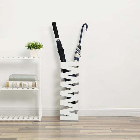 Rootz Metal Umbrella Stand - With Drip Tray and Hooks - Umbrella Holder Van 49CM High - White