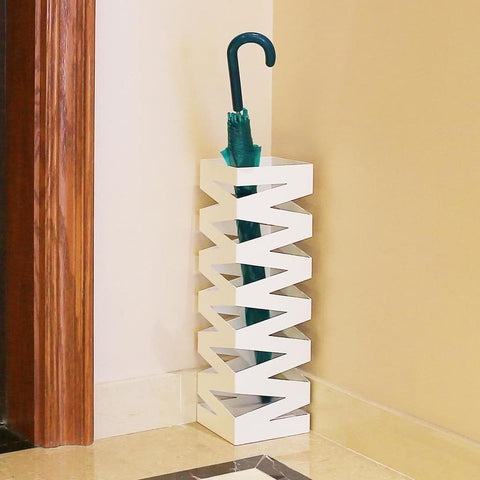 Rootz Metal Umbrella Stand - With Drip Tray and Hooks - Umbrella Holder Van 49CM High - White