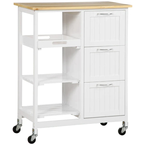 Rootz Serving Trolley - Country House - Style Kitchen - Trolley Kitchen - Island Kitchen - Trolley 3 Drawers - Pinewood - Natural+White - 67L x 37W x 87H cm