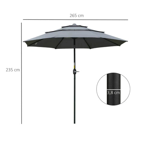 Rootz Patio Umbrella - Parasol Patio Umbrella - Market Umbrella - 8 Rib - Garden Umbrella - With Sun Protection - Dark Gray/Black