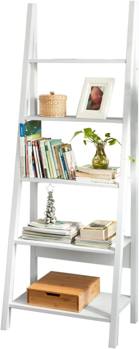Rootz Modern 5 Tiers Ladder Shelf Bookcase- Wood Storage Display Shelving- Wall Shelf