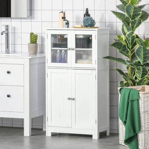 Rootz Bathroom Cabinet - Compact Bathroom Cabinet - Storage Cabinet - 2 Storage - Glass Doors - Shelf - Protective Coating - White - 60 x 30 x 108.5 cm