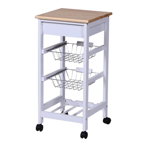 Rootz Kitchen trolley - Kitchen trolley - Serving trolley - Drawer - 2 Baskets - Wine rack - 4 Levels - Metal - White - Brown - 37.5 x 37.5 x 76.5 cm