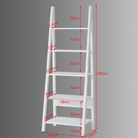 Rootz Modern 5 Tiers Ladder Shelf Bookcase- Wood Storage Display Shelving- Wall Shelf