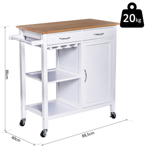 Rootz Kitchen Trolley - Serving Trolley - 2 Drawers - On Wheels - 4 Storage Compartments - 88.5 x 40 x 86 cm - White - Brown