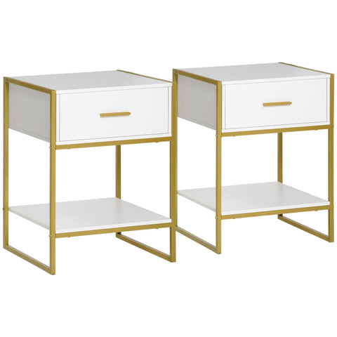Rootz Set van 2 Nachtkastjes - 1 Lade 0 1 Plank - Wit + Goud - 45cm x 40cm x 60cm