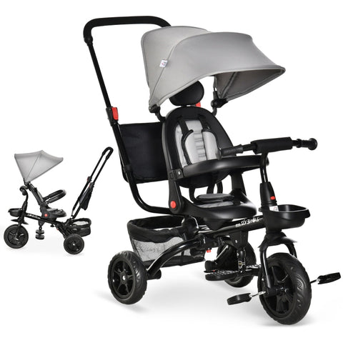 Rootz Tricycle - 4-in-1 Children's Tricycle - Children's Bike - Tricycle With Push Rod Rotating Seat - Foldable Removable Children's Car - Grey - 111.5 x 52 x 98 cm
