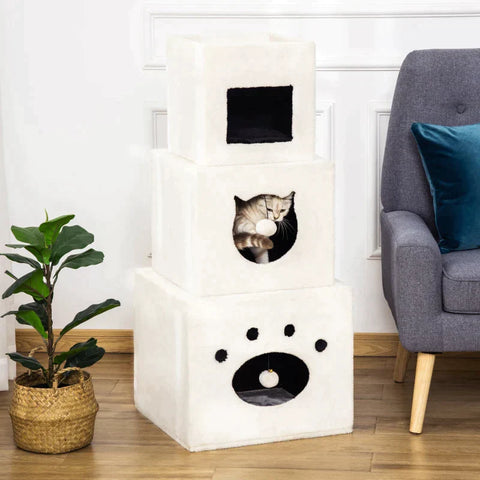 Rootz Krabton Voor Katten - Kattenkrabpaal - 3 Niveaus Krabpaal - Klimboom Voor Katten - Kattenmeubels - Sisal Pluche - Crème Wit - 48 x 48 x 109 cm