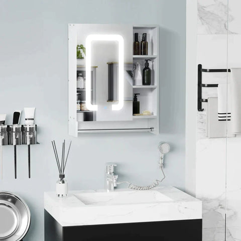 Rootz Mirror Cabinet - Bathroom Cabinet With Led Lighting - Touch Control - Towel Rail - White - 60 x 15 x 69 cm