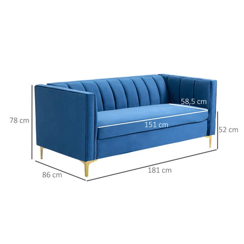 Rootz 3-seater Sofa - Upholstered Sofa - Velvety Polyester - Foam - Steel - Office - Living Room - Blue - 181 cm x 86 cm x 78 cm