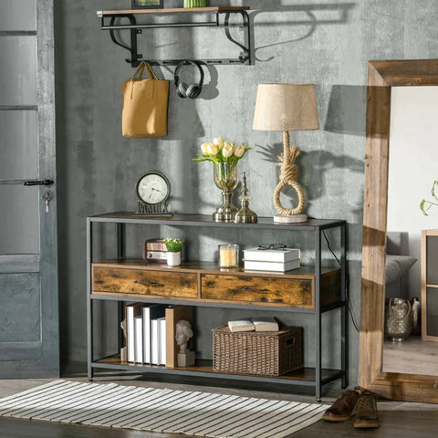 Rootz Console Tafel - Drie Brede Planken En Twee Laden - Industrieel Design - Rustiek Bruin + Zwart - 120 x 30 x 75,5 cm