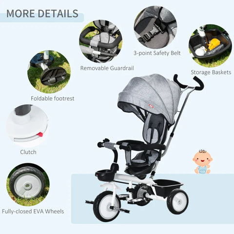 Rootz 2 In 1 Children's Tricycle - Jogger With Steering System - Rod Basket - Sun Canopy - Velvet Touch - Grey - 100 x 48 x 106 cm