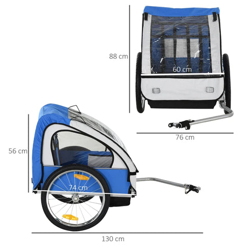 Rootz Children's Bicycle Trailer - Suitable 2 Children - Steel Frame - Seat Carrier - Safety Belt - Children From 18 Months - Oxford Fabric - Steel - Blue + White - 130x76x88 cm