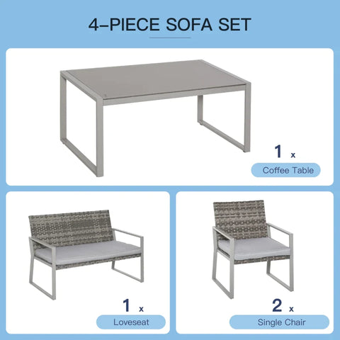 Rootz Garden Furniture Set - 4pc Rattan Furniture - Single Sofa Arm Chairs - Bench With Cushions - Coffee Table - Garden Furniture - Backyard Seating - Stylish And Comfort - Grey