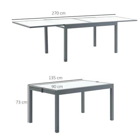 Rootz Tuin Eettafel - Uitschuifbare Tuin Eettafel - Tafel - Aluminium Buis/Gehard Glas - Grijs/Mat Wit - 270 x 90 x 73 cm