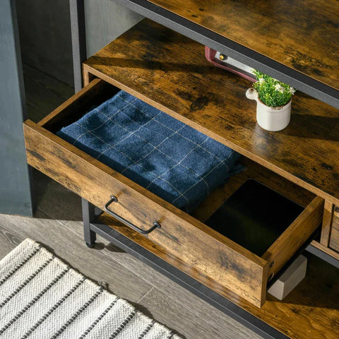 Rootz Console Tafel - Drie Brede Planken En Twee Laden - Industrieel Design - Rustiek Bruin + Zwart - 120 x 30 x 75,5 cm