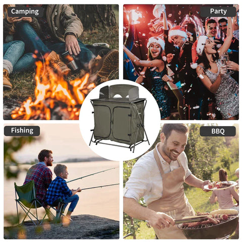 Rootz Camping Cupboard - Foldable Camping Kitchen Storage - Carrying Bag - 6 Shelves for BBQ Party - Steel - Oxford Fabric - Green - 57 x 94 x 109 cm