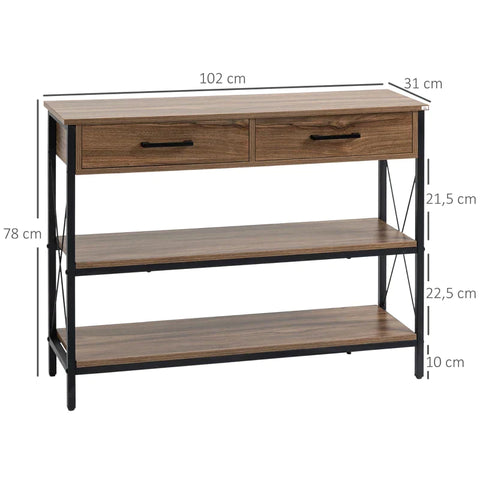 Rootz Console Table In Industrial Design - 2 Drawers - 2 Shelves - Wood Material - Brown + Black - 102 cm x 31 cm x 78 cm