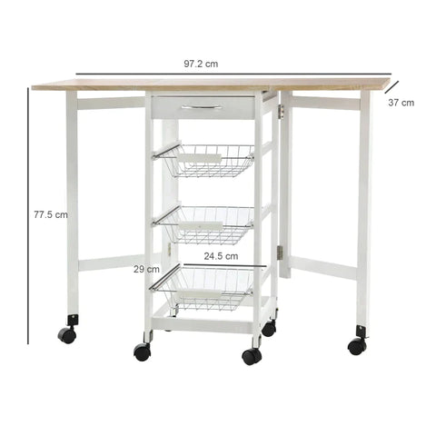 Rootz Kitchen Trolley - Drop-leaf Kitchen Trolley - Baskets Drawer - 6 Wheels Rolling Storage Unit - Kitchen - Home - Dining Cart - White/Brown - 97.2 cm x 37 cm x 77.5 cm