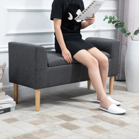 Rootz Bank - Bank Met Opbergruimte - Gestoffeerde Bank - Kruk - Commode - Linnen Touch - Rubberhout - Donkergrijs - 116 x 44 x 58 cm